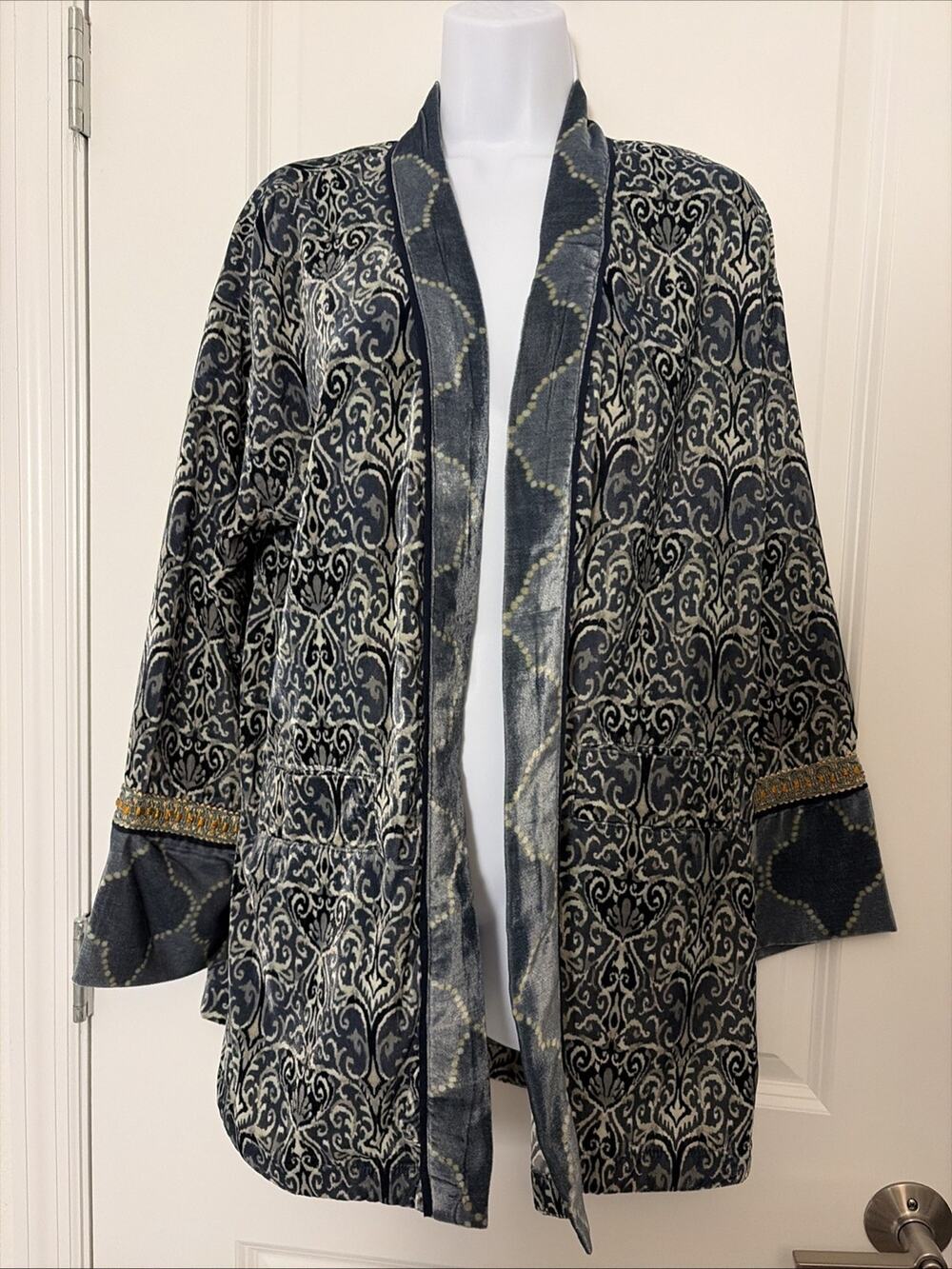 Soft Surroundings Boho Aurora Velvet Open Kimono Blue Cardigan Jacket Medium